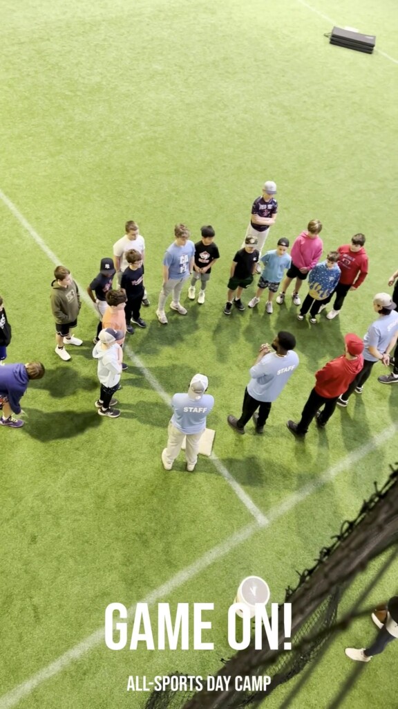 BVSA Summer 2026 — kids gathered for camp huddle at Bobby Valentine's Sports Academy in Stamford, CT