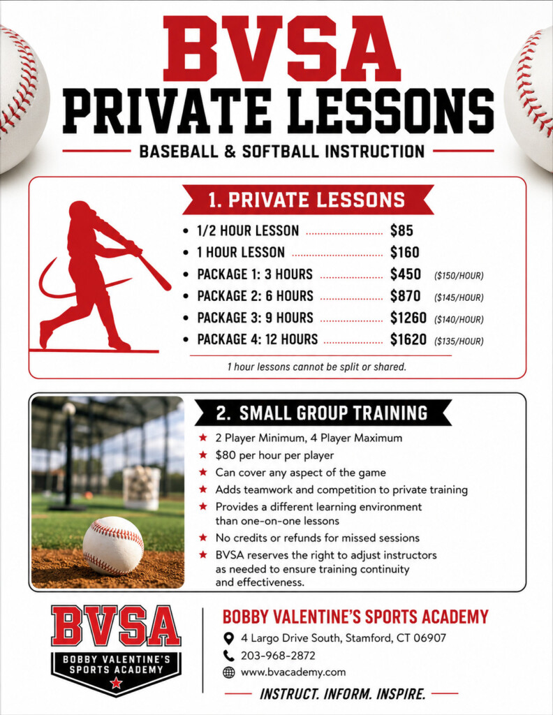 BVSA Private Lessons — Baseball & Softball Instruction. Half hour $85. One hour $160. 3-hour package $450 ($150/hr). 6 hours $870 ($145/hr). 9 hours $1,260 ($140/hr). 12 hours $1,620 ($135/hr). Small Group $80/hr per player, 2 to 4 players. Call (203) 968-2872 or email info@bobbyvacademy.com.