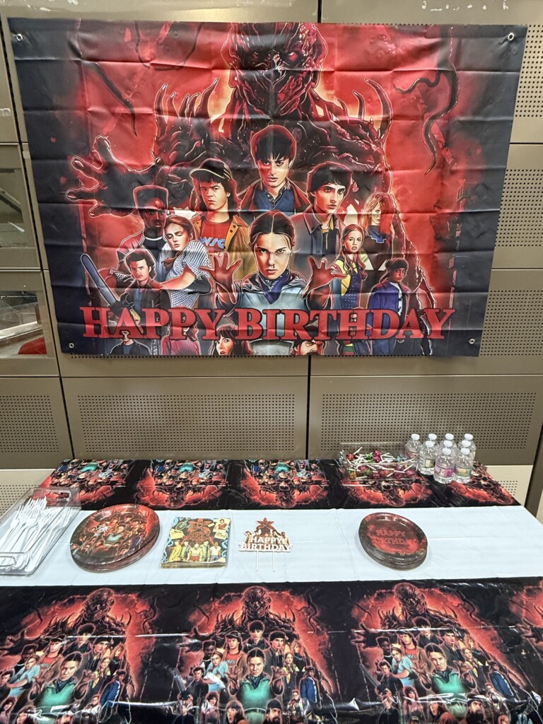 Stranger Things birthday backdrop and themed dessert table prepared at BVSA