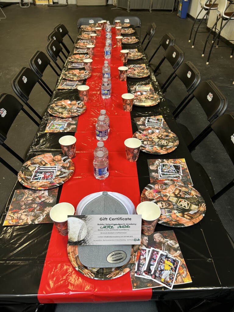 Custom WWE-themed birthday party table set with plates, cups, gifts, and decorations at BVSA